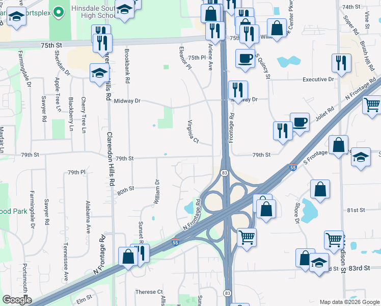 map of restaurants, bars, coffee shops, grocery stores, and more near 106 79th Street in Willowbrook