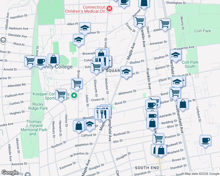 map of restaurants, bars, coffee shops, grocery stores, and more near 56 Webster Street in Hartford