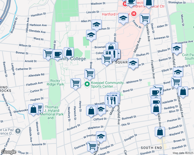 map of restaurants, bars, coffee shops, grocery stores, and more near 20 Julius Street in Hartford