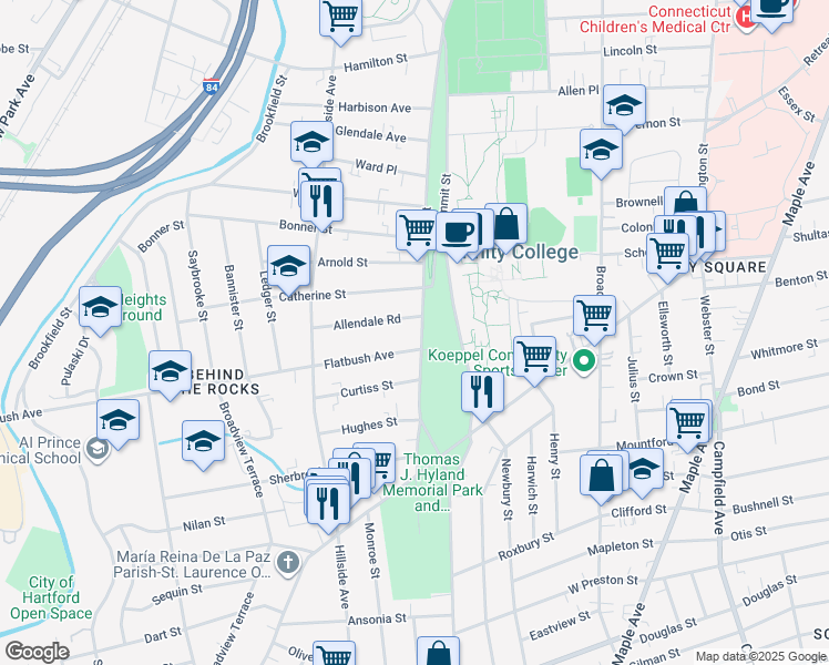 map of restaurants, bars, coffee shops, grocery stores, and more near 145 Zion Street in Hartford