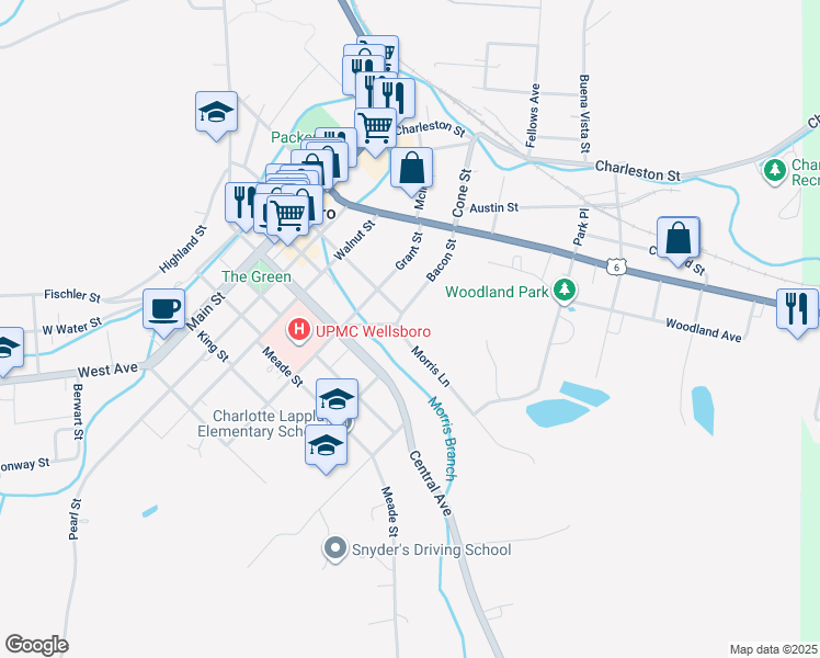 map of restaurants, bars, coffee shops, grocery stores, and more near 12 Morris Lane in Wellsboro