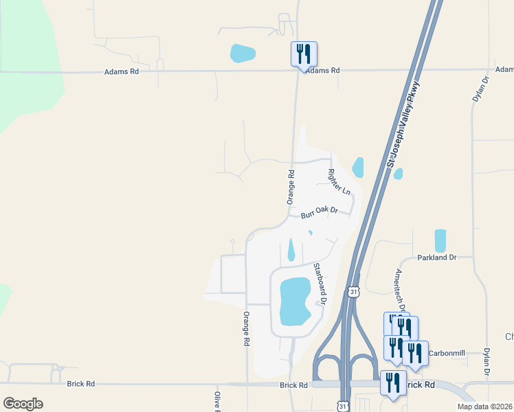 map of restaurants, bars, coffee shops, grocery stores, and more near 51499-51565 Orange Road in South Bend