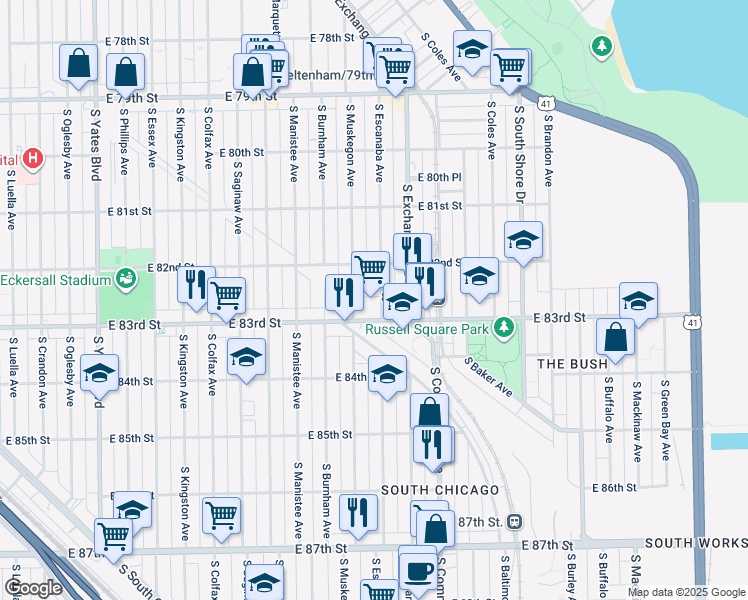 map of restaurants, bars, coffee shops, grocery stores, and more near 2834 East 83rd Street in Chicago