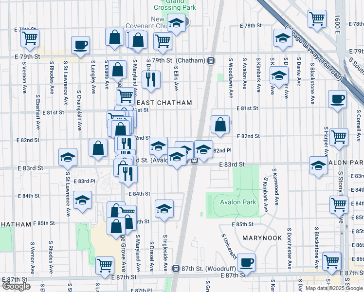 map of restaurants, bars, coffee shops, grocery stores, and more near 8229 South Ellis Avenue in Chicago