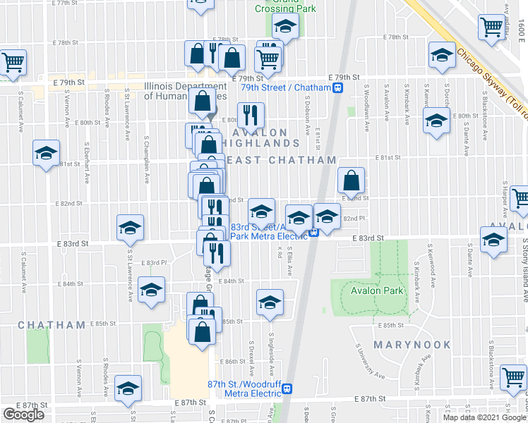 map of restaurants, bars, coffee shops, grocery stores, and more near 8222 South Ingleside Avenue in Chicago