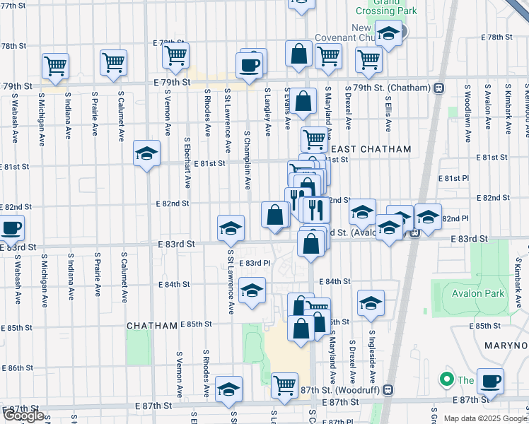 map of restaurants, bars, coffee shops, grocery stores, and more near 8222 South Langley Avenue in Chicago