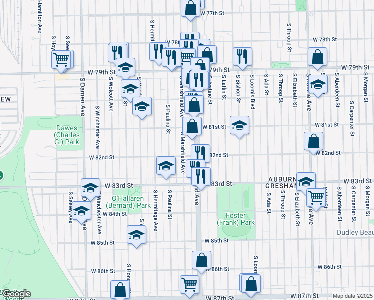 map of restaurants, bars, coffee shops, grocery stores, and more near 1624 West 82nd Street in Chicago