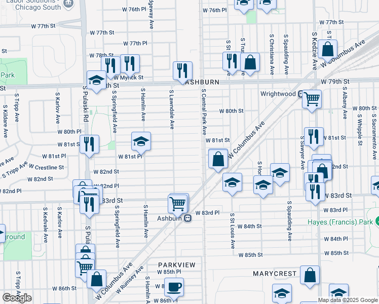 map of restaurants, bars, coffee shops, grocery stores, and more near 3609 West 81st Place in Chicago