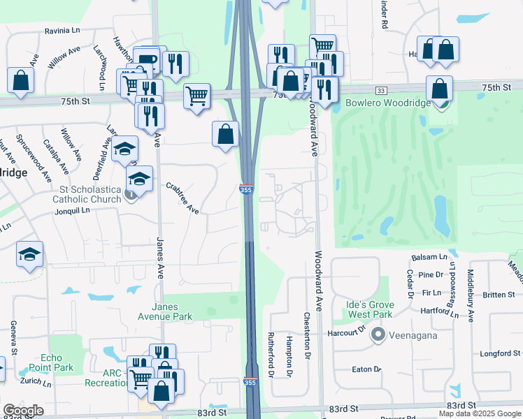 map of restaurants, bars, coffee shops, grocery stores, and more near 2205 Crabtree Avenue in Woodridge