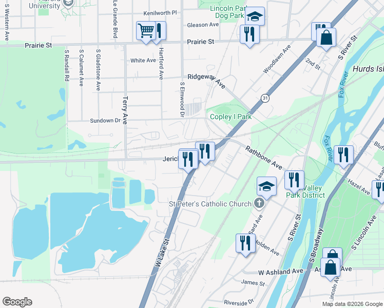 map of restaurants, bars, coffee shops, grocery stores, and more near in Aurora
