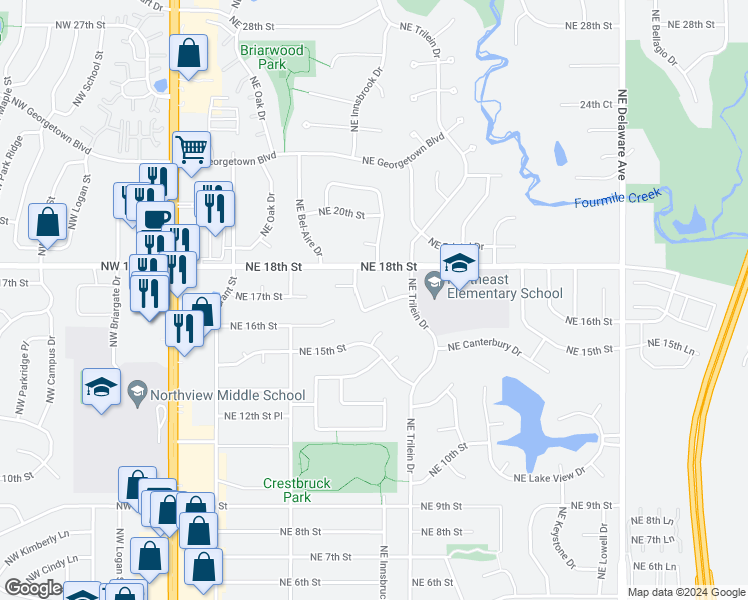 map of restaurants, bars, coffee shops, grocery stores, and more near 521 Northeast 16th Street in Ankeny