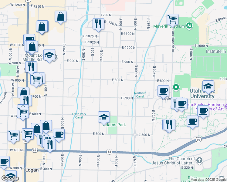 map of restaurants, bars, coffee shops, grocery stores, and more near 739 North 500 East in Logan