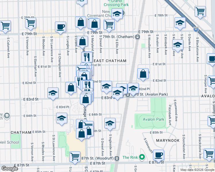 map of restaurants, bars, coffee shops, grocery stores, and more near 8222 South Ingleside Avenue in Chicago
