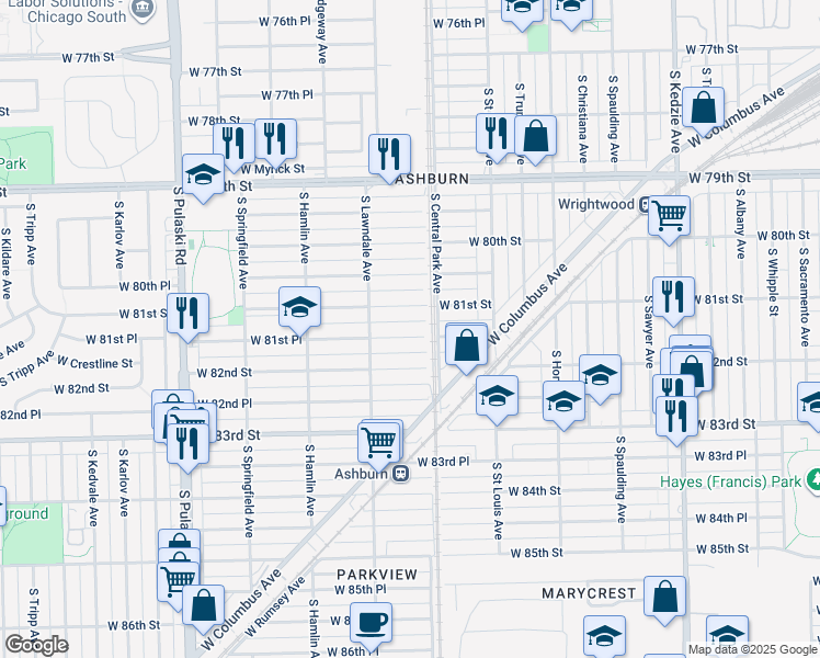 map of restaurants, bars, coffee shops, grocery stores, and more near 3609 West 81st Place in Chicago