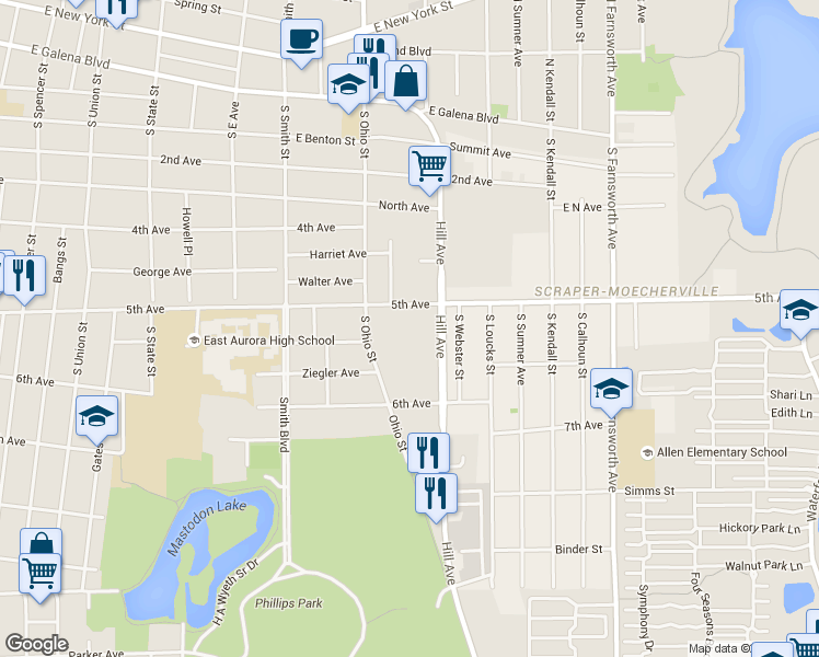 map of restaurants, bars, coffee shops, grocery stores, and more near 515 Hill Avenue in Aurora