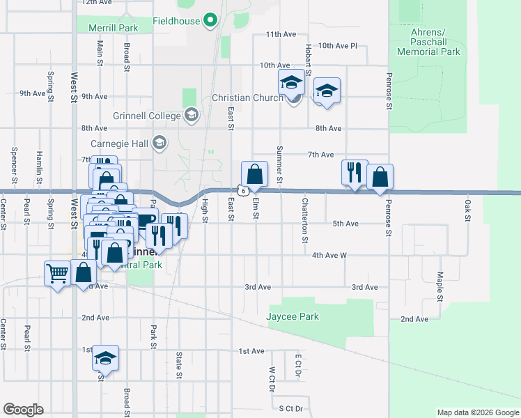 map of restaurants, bars, coffee shops, grocery stores, and more near 1001-1037 Elm St in Grinnell