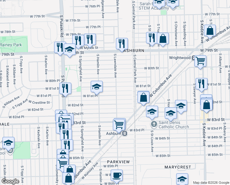 map of restaurants, bars, coffee shops, grocery stores, and more near 3700 West 81st Place in Chicago
