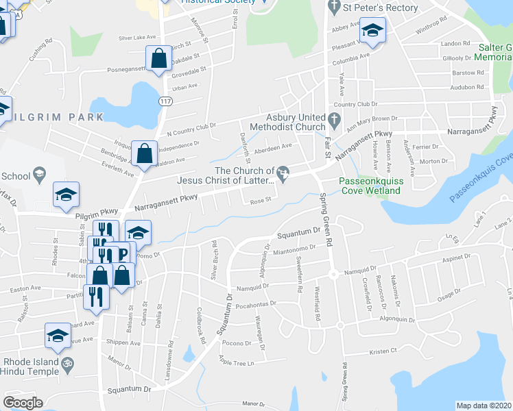 map of restaurants, bars, coffee shops, grocery stores, and more near 40 Rose Street in Warwick