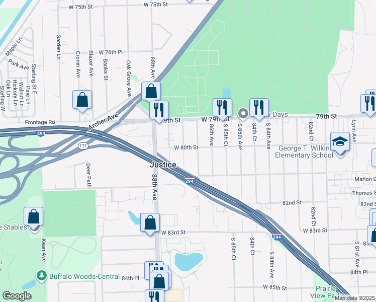 map of restaurants, bars, coffee shops, grocery stores, and more near 8017 South 87th Avenue in Justice