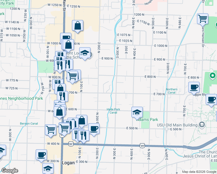 map of restaurants, bars, coffee shops, grocery stores, and more near 55 Heritage Cove in Logan