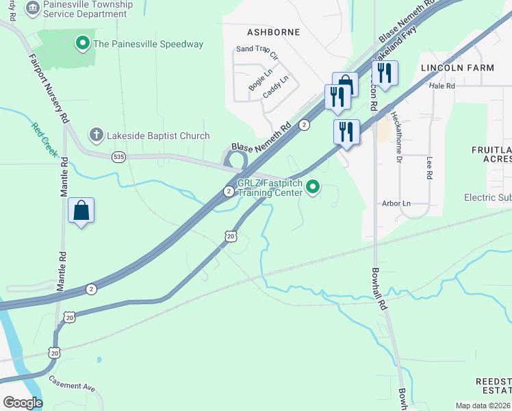 map of restaurants, bars, coffee shops, grocery stores, and more near 1646 North Ridge Road in Painesville