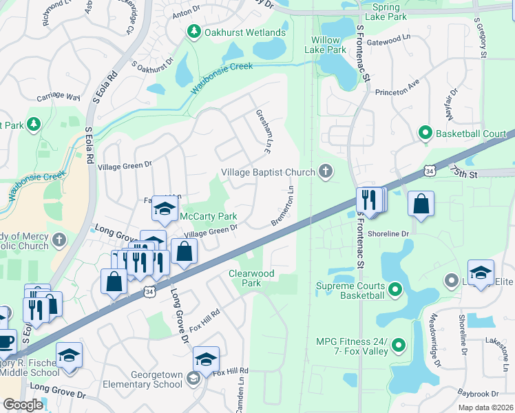 map of restaurants, bars, coffee shops, grocery stores, and more near 3115 Village Green Drive in Aurora