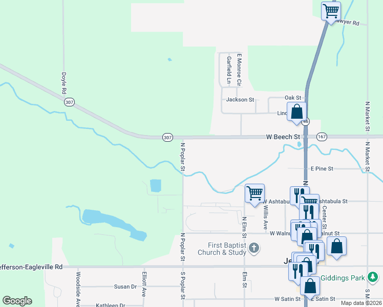 map of restaurants, bars, coffee shops, grocery stores, and more near 290 West Beech Street in Jefferson