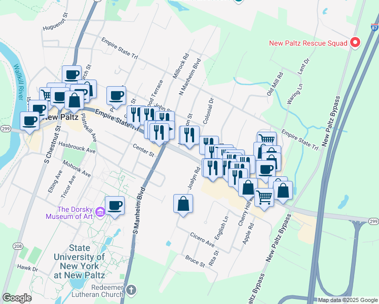 map of restaurants, bars, coffee shops, grocery stores, and more near 215 Main Street in New Paltz
