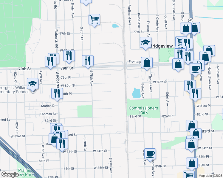 map of restaurants, bars, coffee shops, grocery stores, and more near 7705 80th Place in Bridgeview