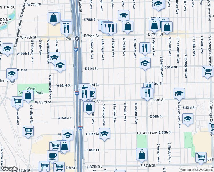 map of restaurants, bars, coffee shops, grocery stores, and more near 8201 South Michigan Avenue in Chicago