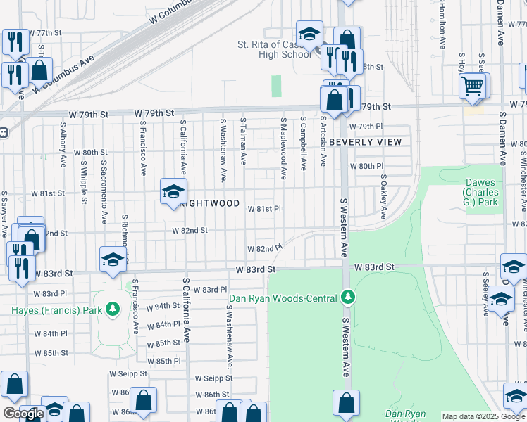 map of restaurants, bars, coffee shops, grocery stores, and more near 8146 South Maplewood Avenue in Chicago