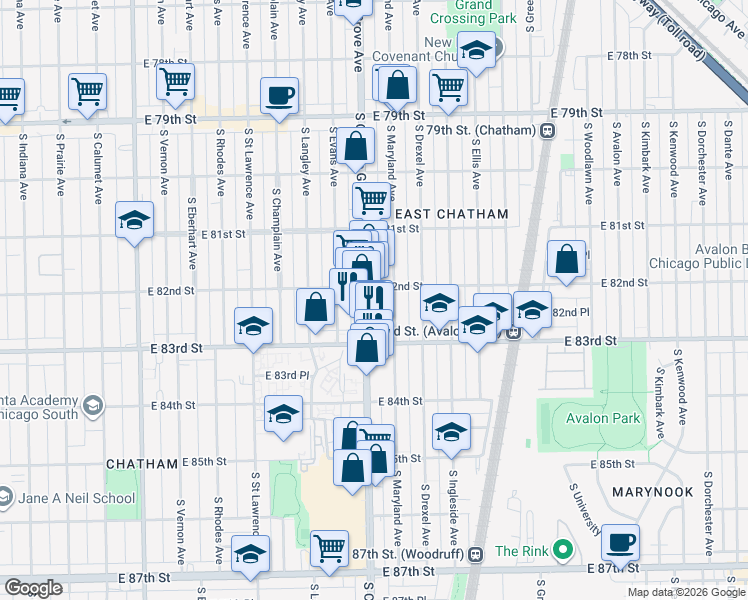 map of restaurants, bars, coffee shops, grocery stores, and more near 8225 South Cottage Grove Avenue in Chicago