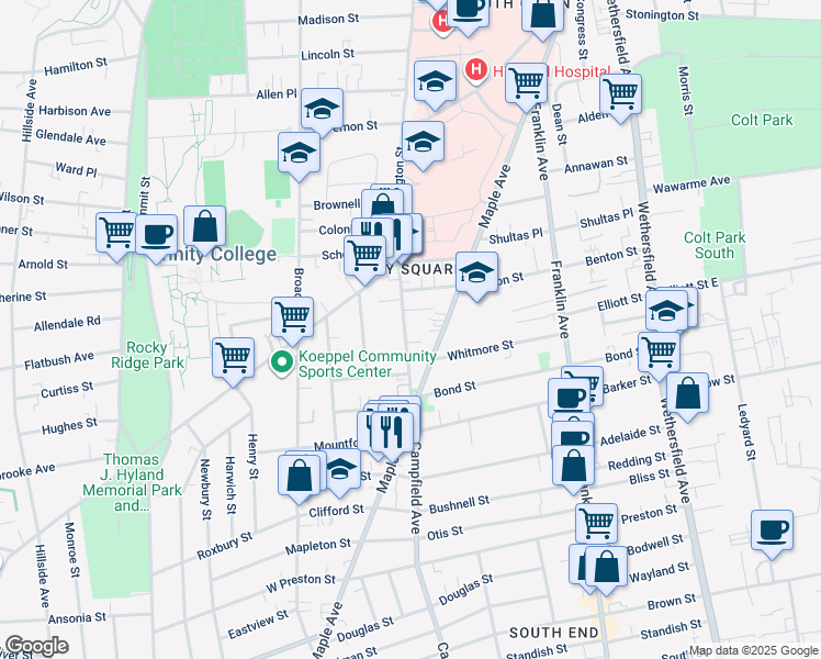 map of restaurants, bars, coffee shops, grocery stores, and more near 56 Webster Street in Hartford