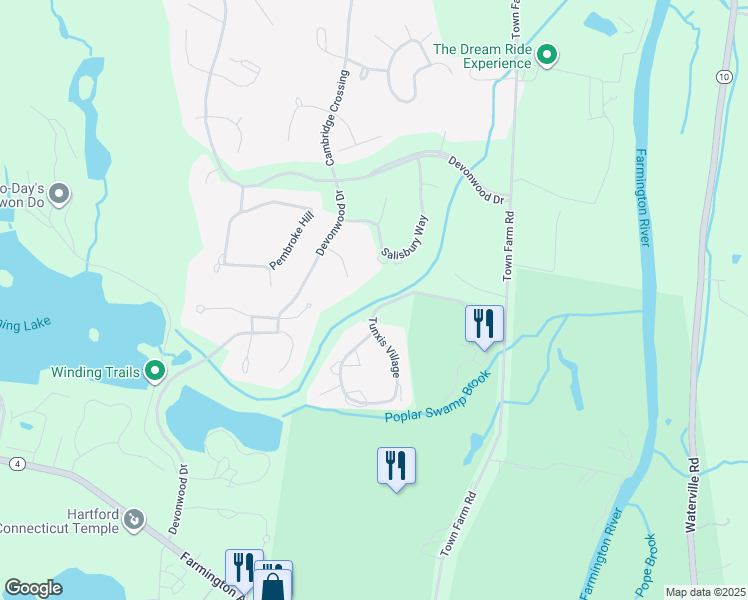 map of restaurants, bars, coffee shops, grocery stores, and more near 8 Tunxis Village in Farmington