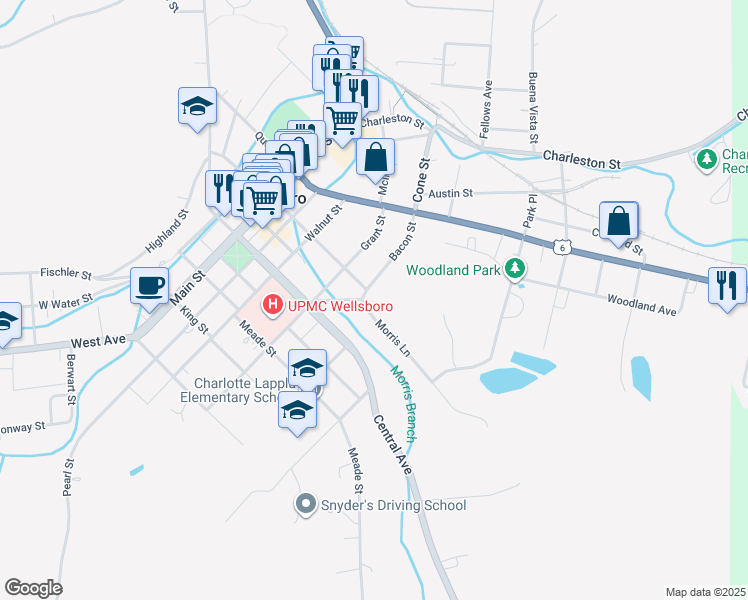 map of restaurants, bars, coffee shops, grocery stores, and more near 12 Morris Lane in Wellsboro