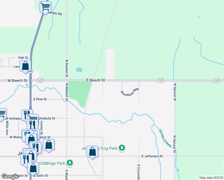 map of restaurants, bars, coffee shops, grocery stores, and more near 222 East Beech Street in Jefferson