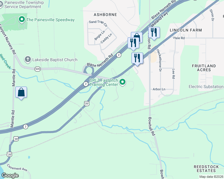 map of restaurants, bars, coffee shops, grocery stores, and more near 1646-1742 North Ridge Road in Painesville
