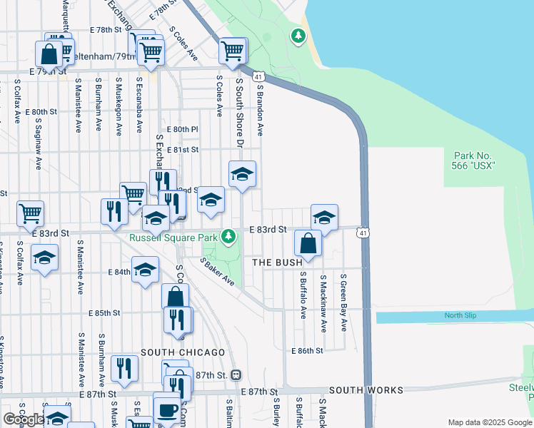map of restaurants, bars, coffee shops, grocery stores, and more near 8252 South Burley Avenue in Chicago