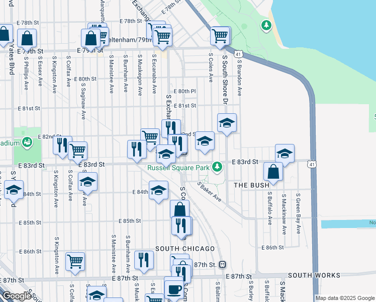 map of restaurants, bars, coffee shops, grocery stores, and more near 8252 South Houston Avenue in Chicago
