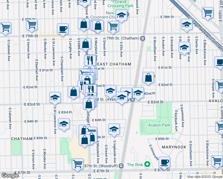map of restaurants, bars, coffee shops, grocery stores, and more near 8222 South Ingleside Avenue in Chicago