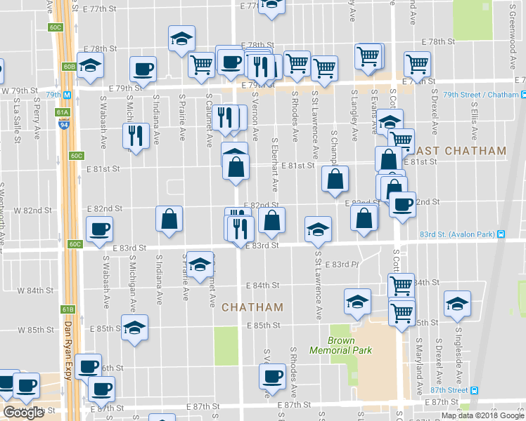 map of restaurants, bars, coffee shops, grocery stores, and more near 8223 South Vernon Avenue in Chicago