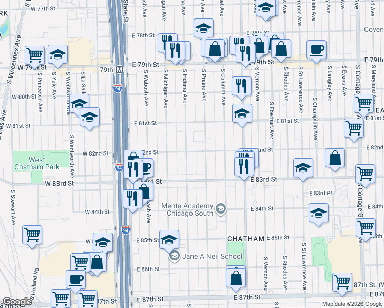 map of restaurants, bars, coffee shops, grocery stores, and more near 8216 South Indiana Avenue in Chicago