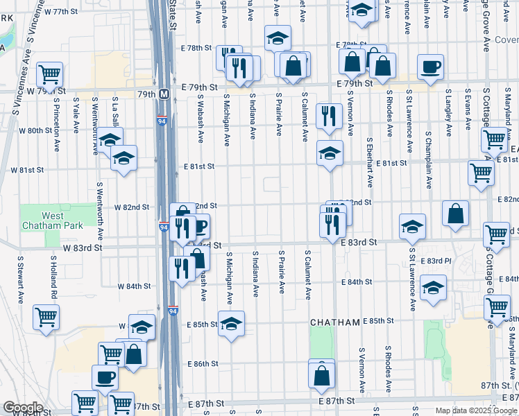 map of restaurants, bars, coffee shops, grocery stores, and more near 8216 South Indiana Avenue in Chicago
