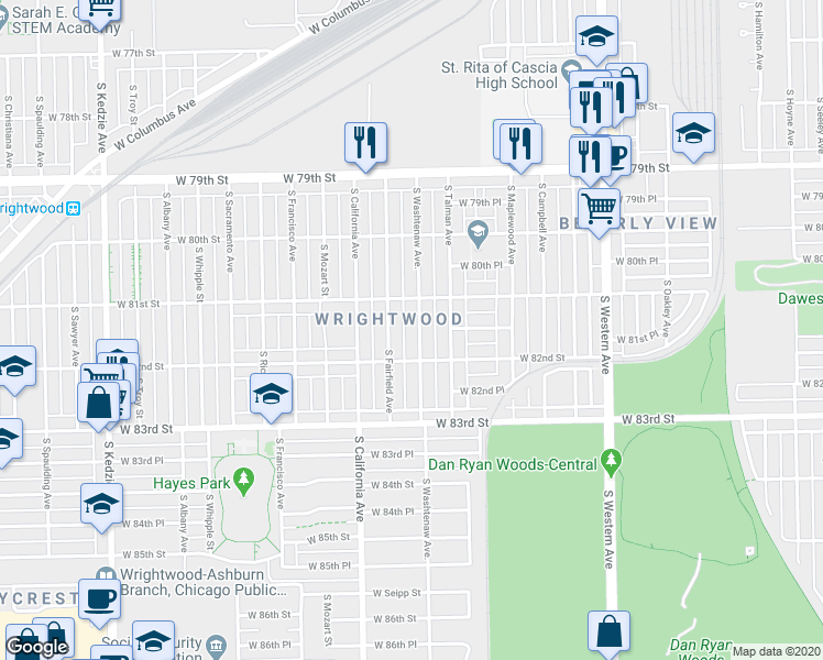 map of restaurants, bars, coffee shops, grocery stores, and more near 8147 South Washtenaw Avenue in Chicago