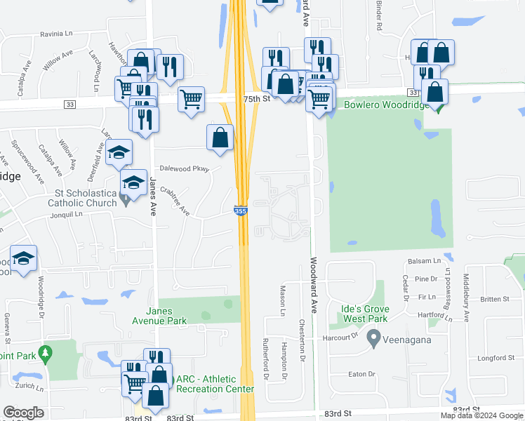 map of restaurants, bars, coffee shops, grocery stores, and more near 2263 Country Club Drive in Woodridge