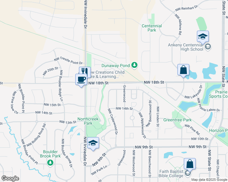 map of restaurants, bars, coffee shops, grocery stores, and more near 1605 Northwest Linwood Drive in Ankeny