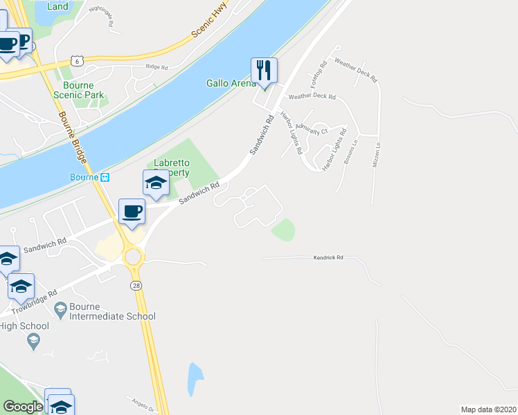 map of restaurants, bars, coffee shops, grocery stores, and more near 220 Sandwich Road in Bourne