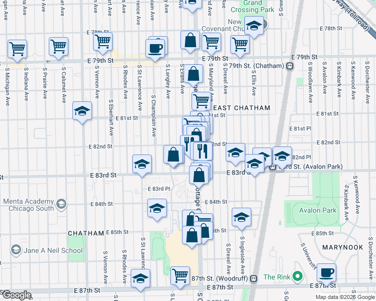 map of restaurants, bars, coffee shops, grocery stores, and more near 8227 South Evans Avenue in Chicago