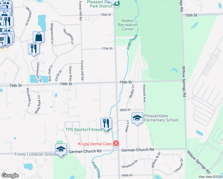 map of restaurants, bars, coffee shops, grocery stores, and more near 7960 Wolf Road in Burr Ridge