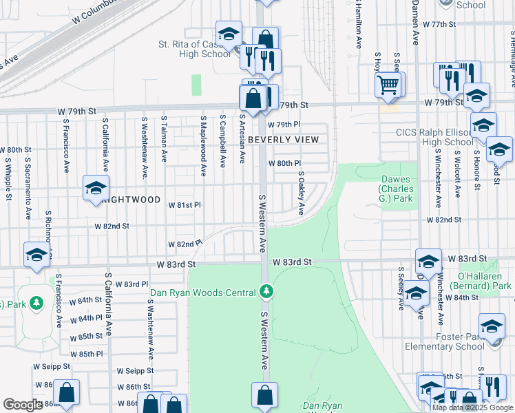 map of restaurants, bars, coffee shops, grocery stores, and more near 8134 South Western Avenue in Chicago